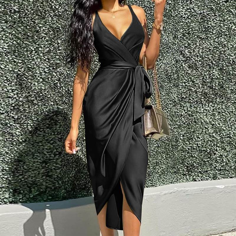 ZANZEA Women Sexy Straps Deep V Neck Dress 2022 Elegant Summer Solid Satin Midi Sundress Casual Lace Up Party Vestido Sarafans 7