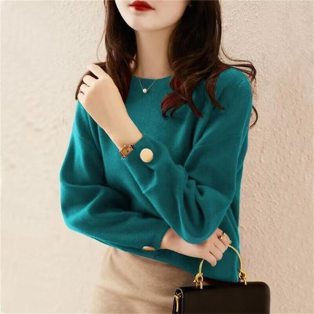 Gamestracks Women Autumn Winter Elegant Loose Fashion Solid Color O-neck Long Sleeve Knitwear Ladies All-match Knitting Bottoming Shirt Tops