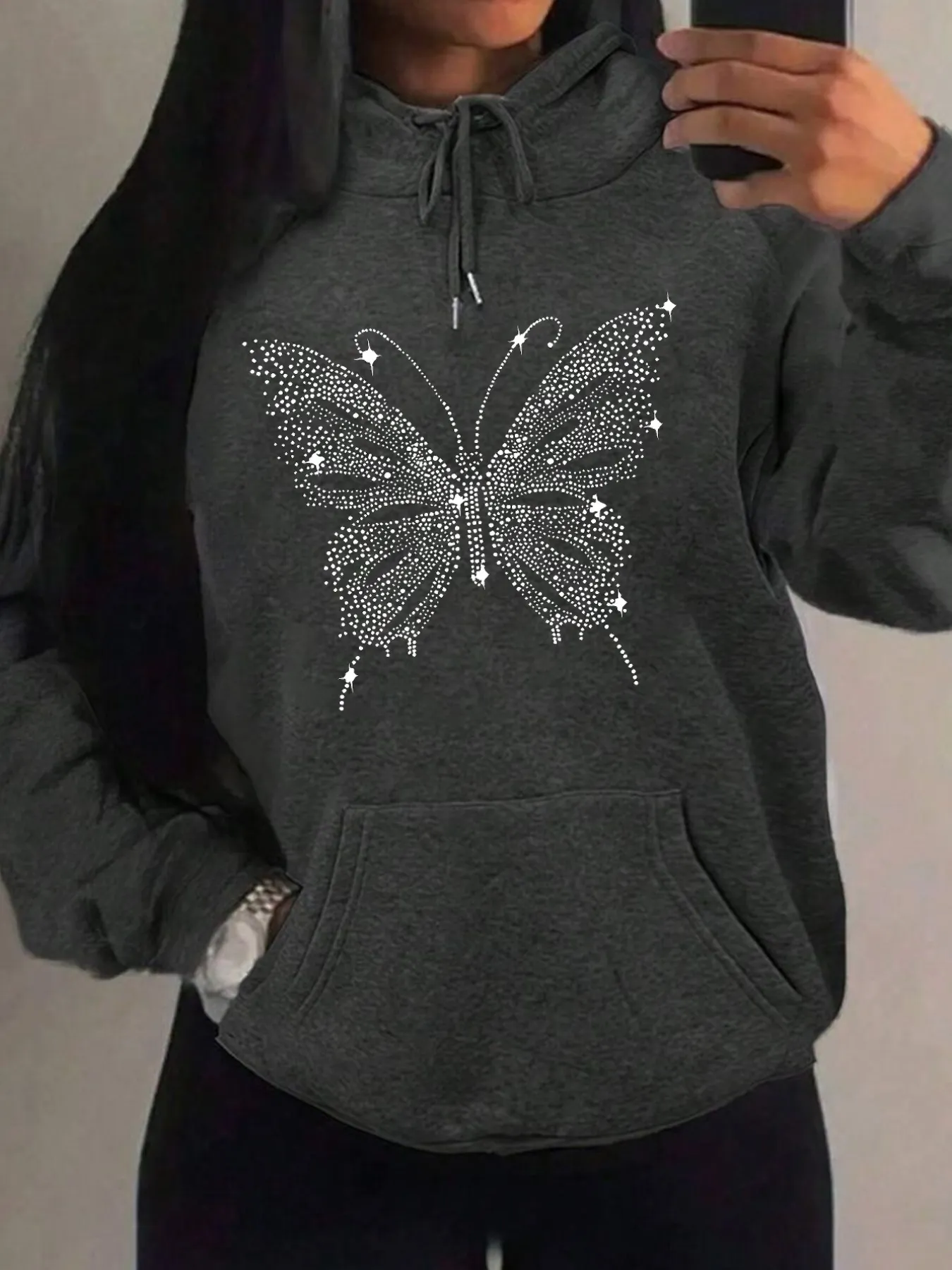 Womens Butterfly Diamond Print Hooded Sweatshirt Loose Fit Long Sleeve Casual Pullover