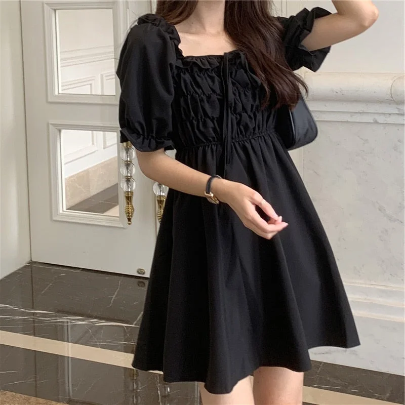 Dress Women Black Fairy Puff Sleeve Sweet Mini Vintage Party Lovely Female Simple Japanese Style Popular Summer Square Collar
