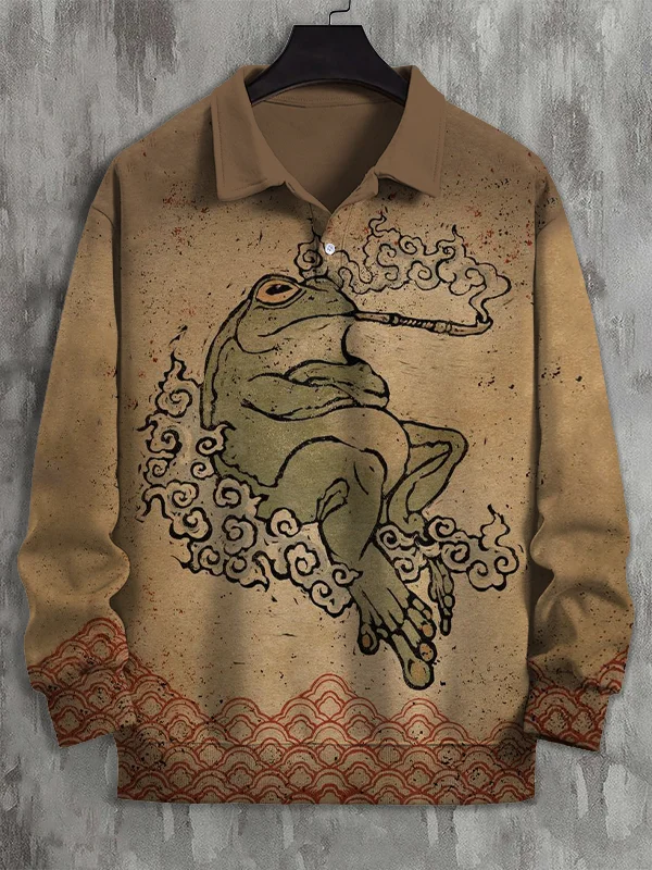 Men's Japanese Retro Smoking Frog Art Painting Print Casual Polo Sweatshirt