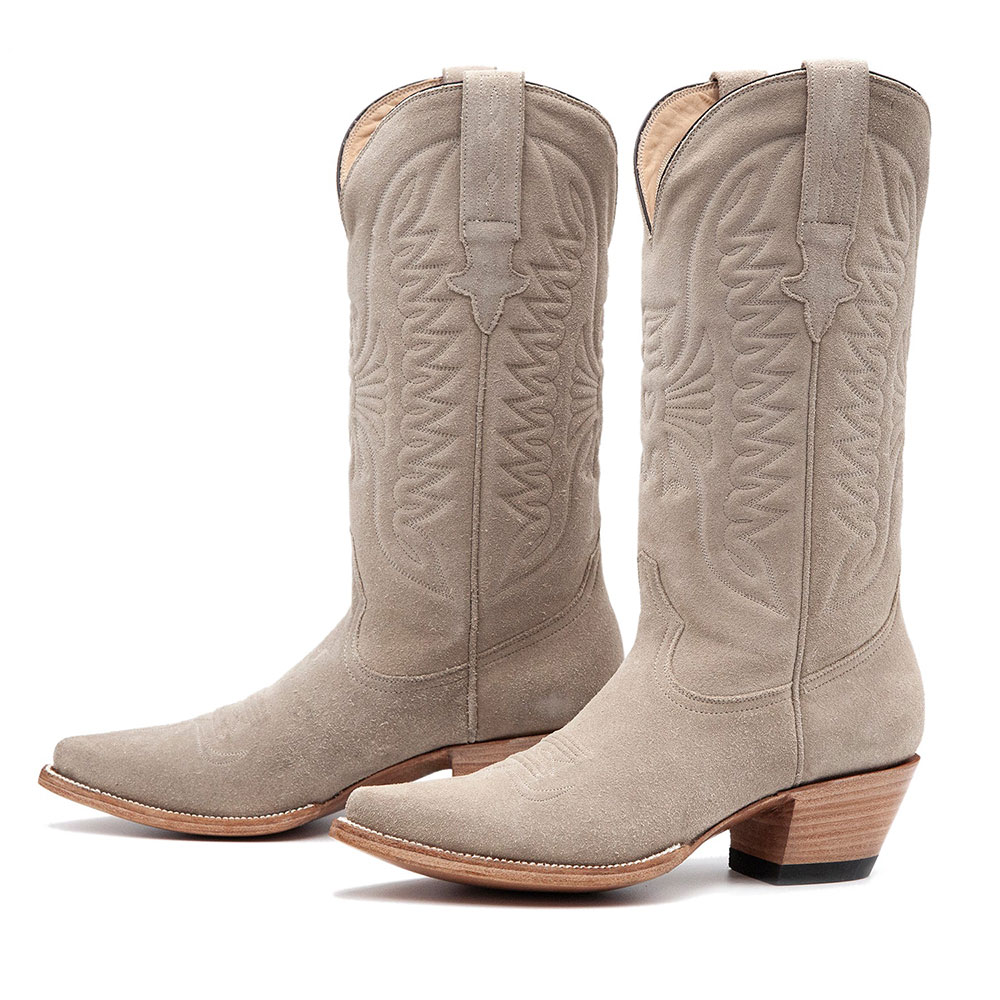 Vegan Suede Stitching Pointed Toe Mid-Calf Cowgirl Boots in Beige Nicepairs