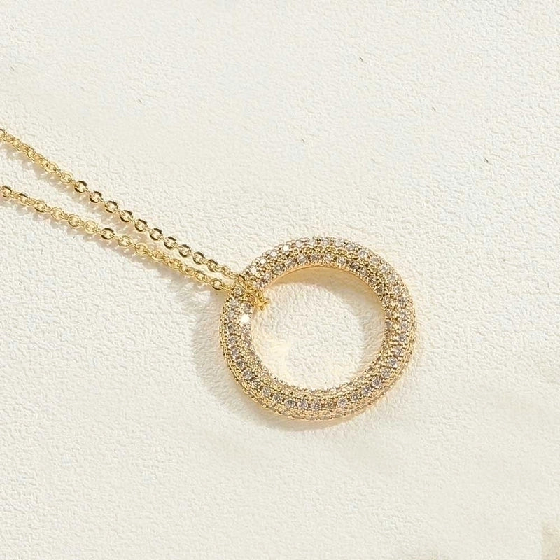 Copper 14K Gold Plated White Gold Plated Minimalist Circle Inlay Zircon Pendant Necklace