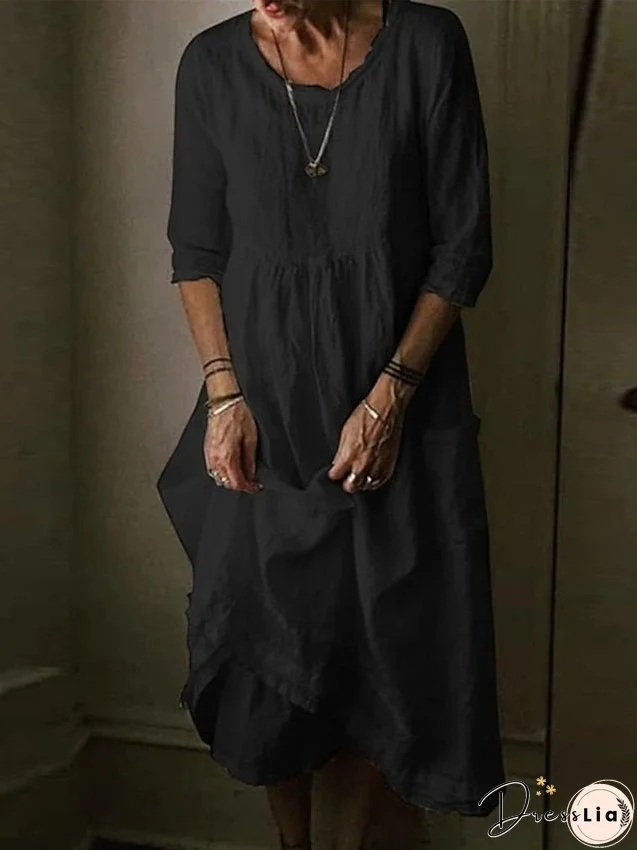Casual Dress Linen Dress Shift Dress Midi Dress Black Green Beige Half Sleeve Pure Color Pocket Summer Spring Crew Neck Casual Loose Fit S M L XL XXL 3XL 4XL for Women