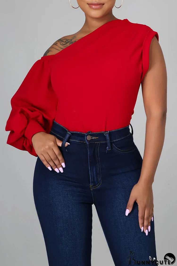 Red Fashion Casual Solid Patchwork Asymmetrical Oblique Collar Tops