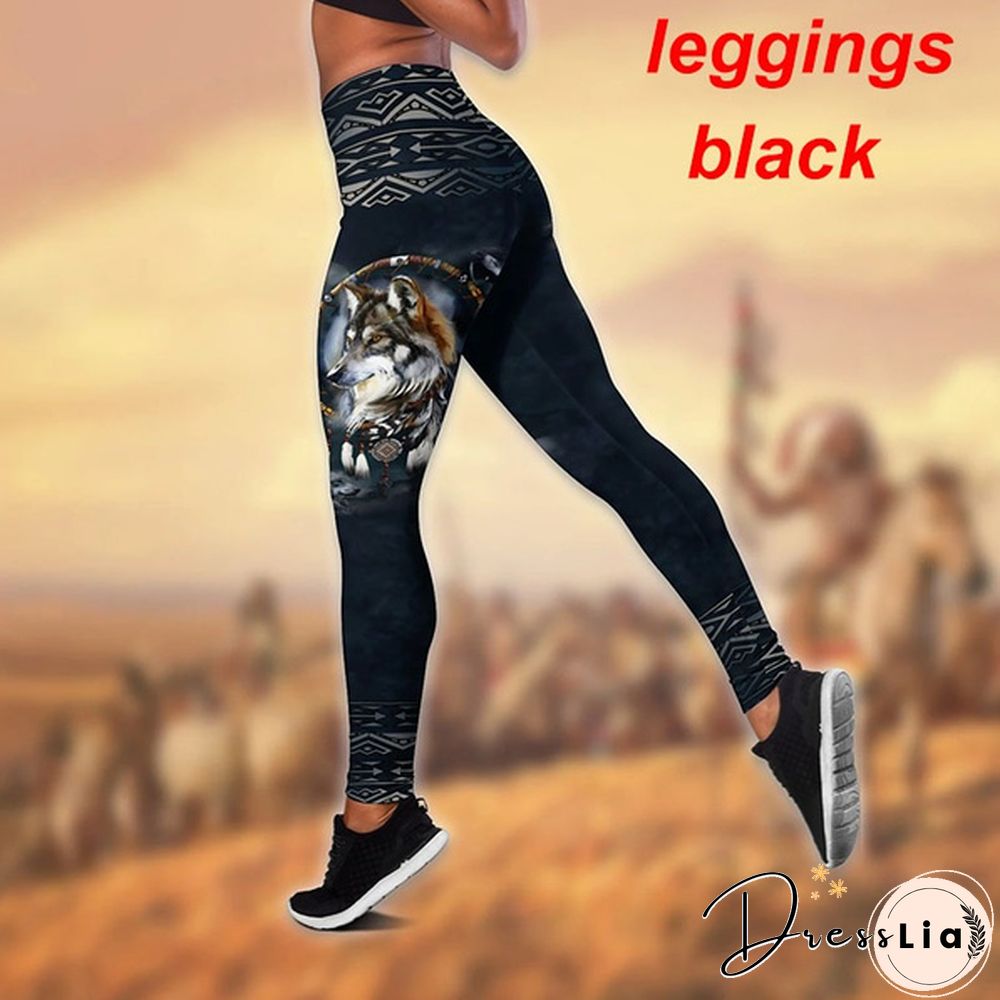 Women Wolf Native American 3D All Over Printed Legging + Hollow Tank Sleeveless Shirt Summer Vest for Women Plus Size Yoga Tank Tops Leggings Suit