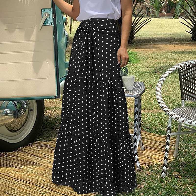 Celmia 2022 Autumn Women Vintgae Skirt Bohemian Polka Dot Maxi Long Skirt Holiday High Waist Pleated Bandage Summer Sexy Bottoms