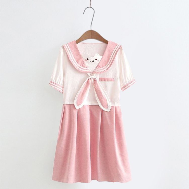 Sailor Collar Cartoon Kitty Embroidery A-line Dress - Modakawa Modakawa