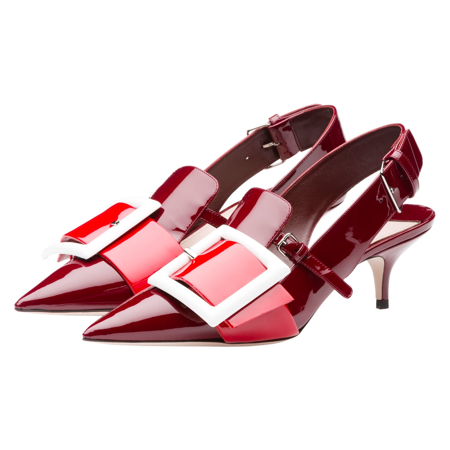 Burgundy Patent Leather Oversized Buckle Slingback Kitten Heel Pumps