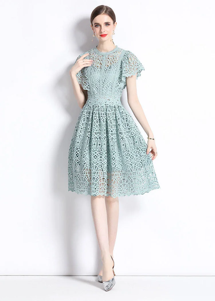 New Hollow Out Embroideried Wrinkled Patchwork Lace Mid Dress Butterfly Sleeve