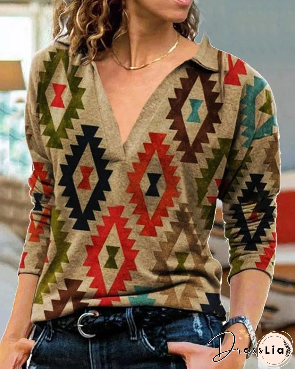 Plus Size Vintage Geometry Print Long Sleeve Tops