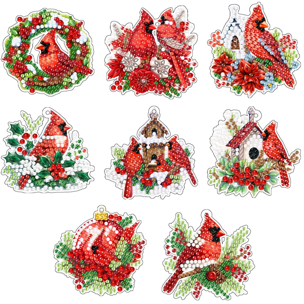 5D DIY 8Pcs Christmas Cardinals Diamond Painting Christmas Tree Pendant for Xmas Tree 