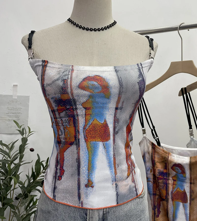 Uveng Sexy Hottie Shoulder Strap Small Print Slimming Sling Vest Short Sleeveless Top 8830