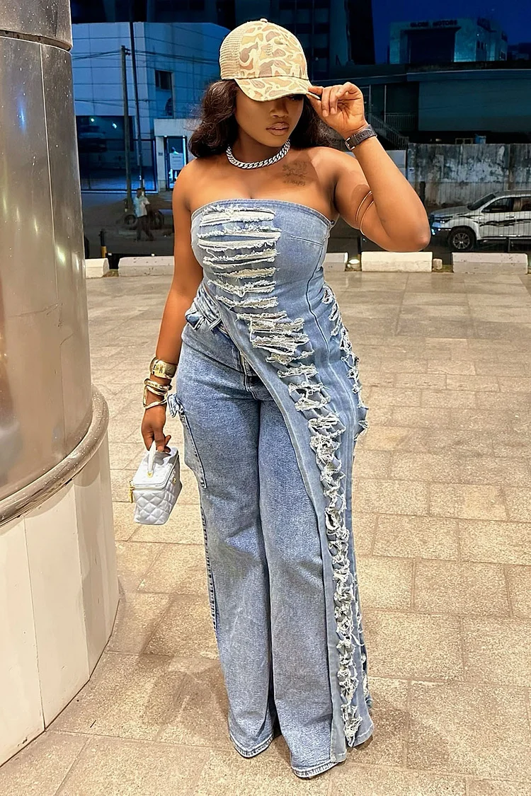 Scratch Asymmetric Tube Top Wide Leg Pants Denim 2pcs Set-Blue [Pre Order]