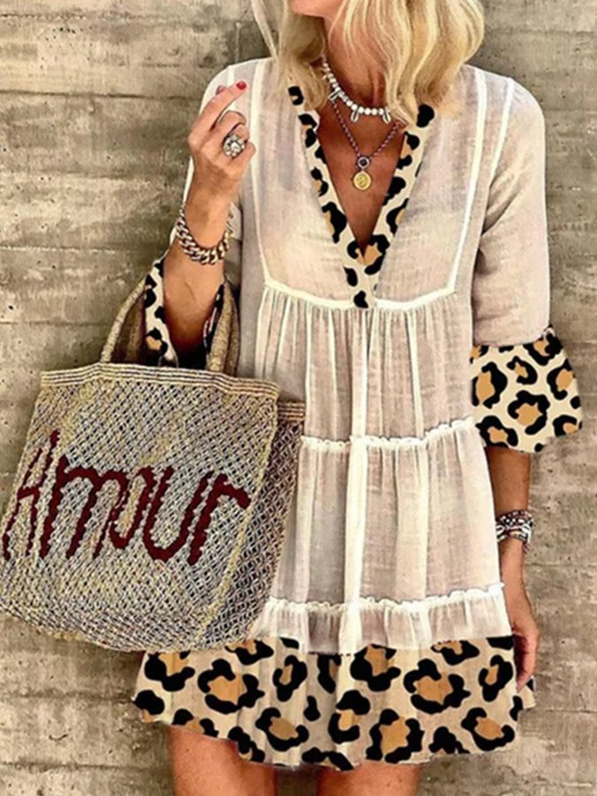 Ladies Cotton Linen Fashion Leopard Print Patchwork Dress