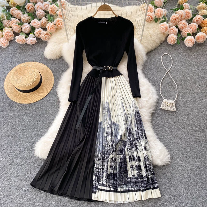 Huibahe 2024 Women Pleated Dress Fashion Korean Long Sleeve Splice Print A-line Dresses Autumn Chic Streetwear New Long Dress