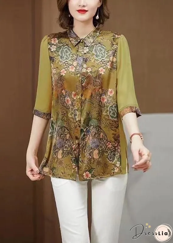 Loose Green Peter Pan Collar Print Silk Blouses Half Sleeve