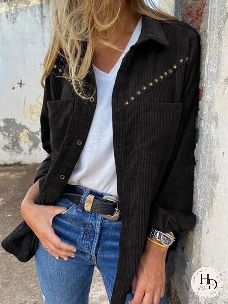 Blouses Corduroy Rivet Long Sleeve Button Pocket Blouse for Women