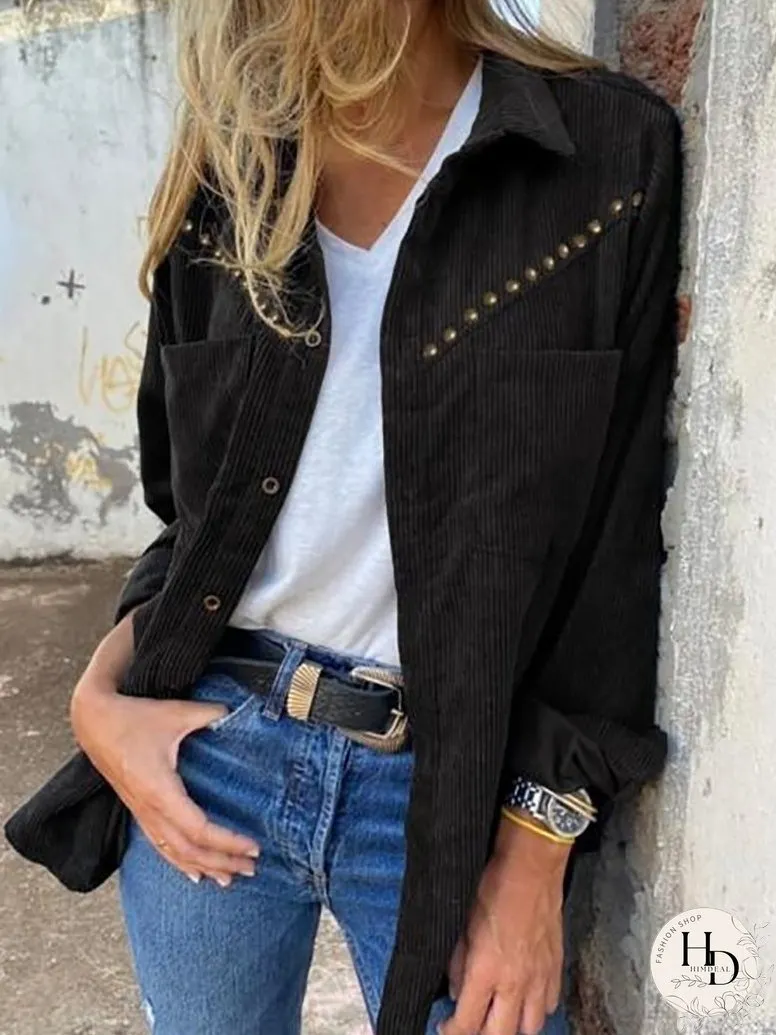 Blouses Corduroy Rivet Long Sleeve Button Pocket Blouse for Women