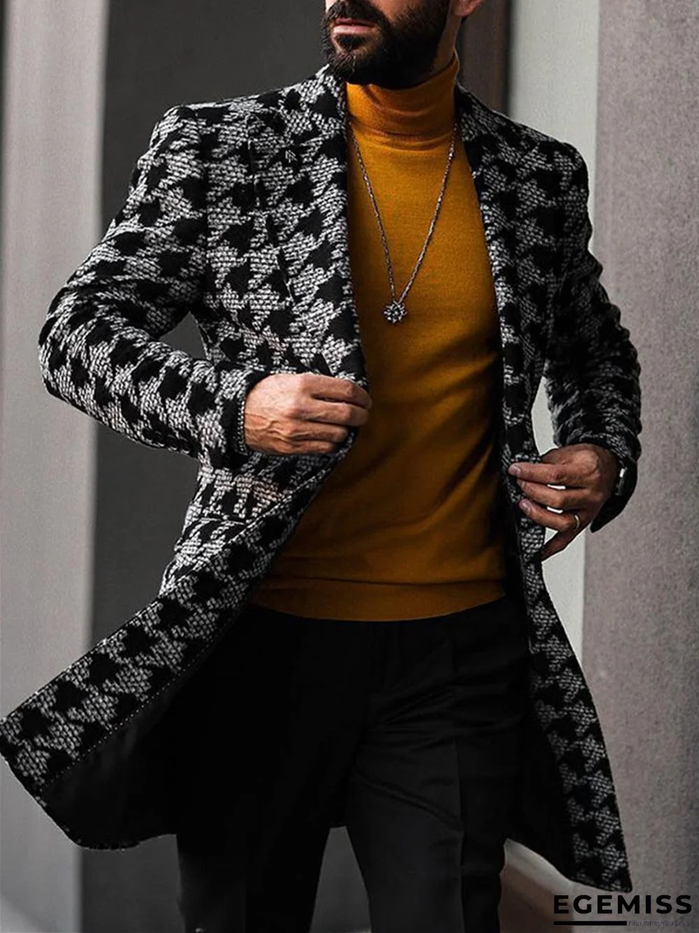 Medium Length Suit Collar Fashionable Printed Men's Coat | EGEMISS