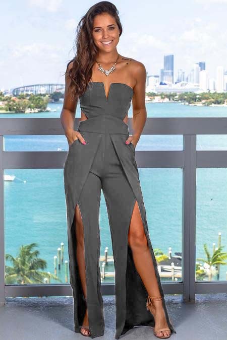  Chic Black Jumpsuit  Strapless Sleeveless Cutout Slit Long Wide Leg JP0007