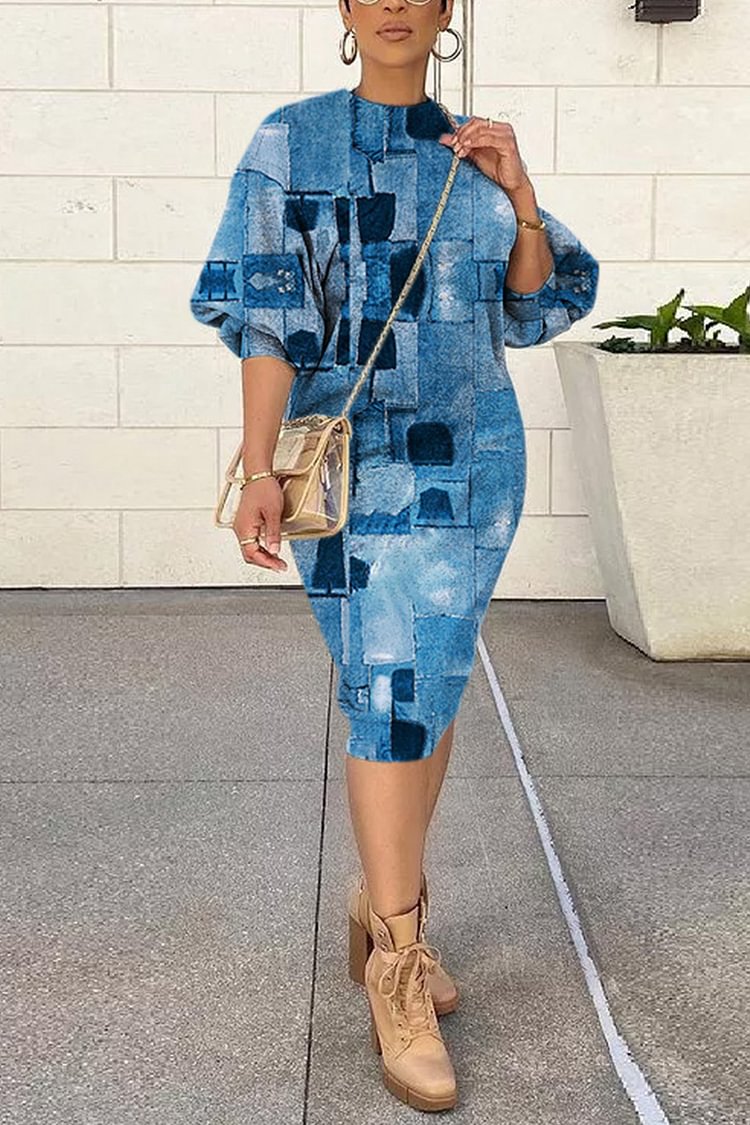 Xpluswear Plus Size Casual Colorblock Blue Print Round Neck Midi Dress