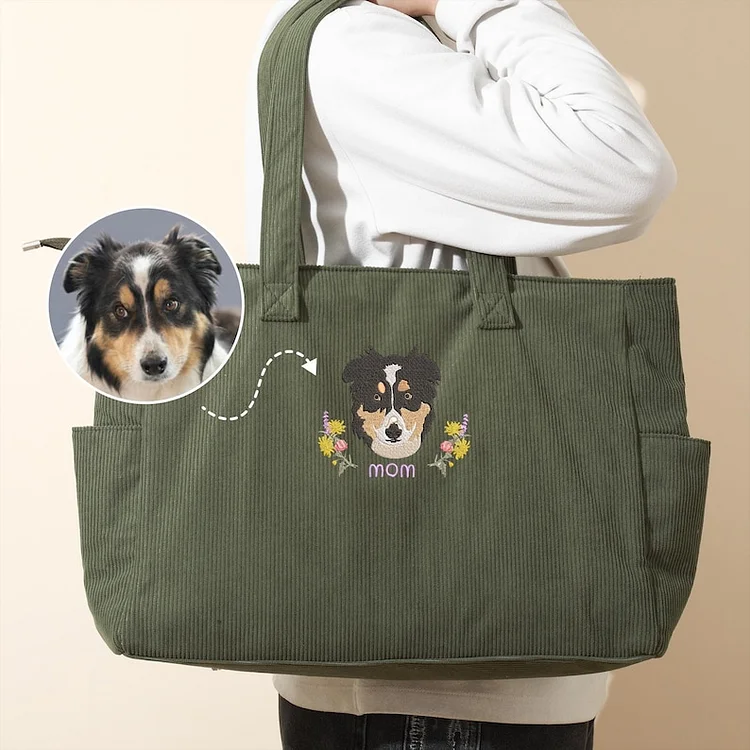 Custom Embroidered Pet Portrait Corduroy Tote Bag, Dog Mom Gift Bag