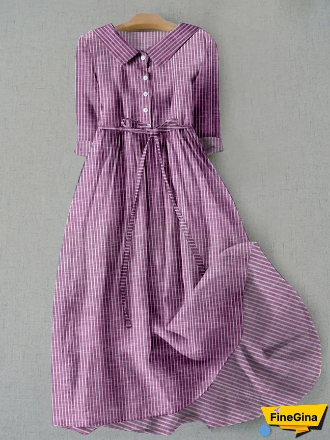 Women's Vintage Striped Design Printed Lace-Up Dress