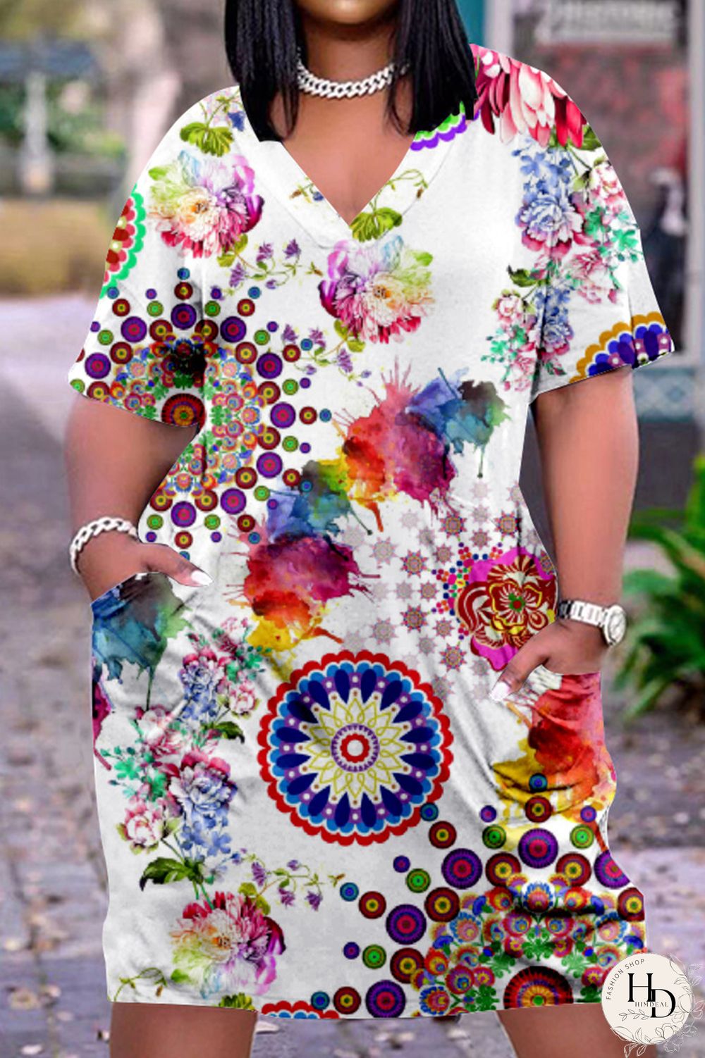 Purplish Blue Fashion Casual Print Basic V Neck Short Sleeve Dress