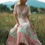 Bohemian Retro Countryside Style Plant Flower Design Women's Linen Dress - Image 2