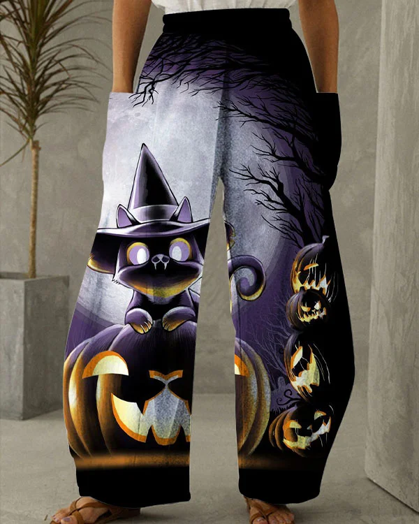 Women's Halloween Pumpkin And Cat Print Loose Pants