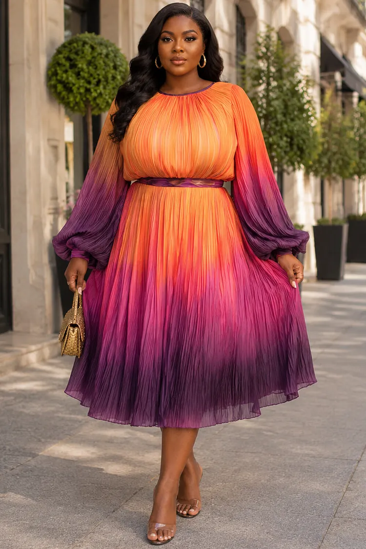 Xpluswear Design Plus Size Churchs Orange Gradient Round Neck Puff Sleeve Long Sleeve Pleated Chiffon Midi Dresses [Pre-Order] 2024 - Xpluswear