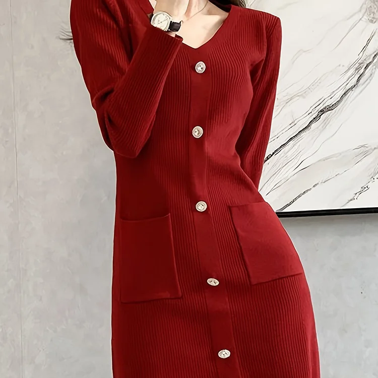 Button Decor V Neck Slim Knit Dress, Chic Long Sleeve Dual Pockets Mini Dress, Women's Clothing