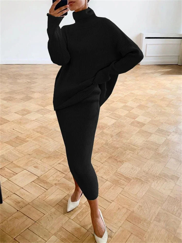 Huiketi Knitted 2 Piece Outfit Set Casual Long Sleeve Sweater Top And Pencil Long Skirts Elegant Autumn Two Piece Sweater Sets
