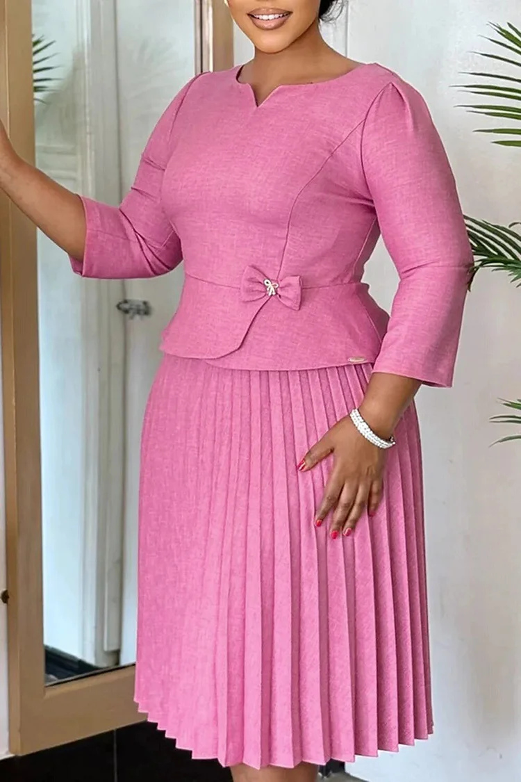 Plus Size Business Casual Pink Round Neck 3/4 Sleeve Pleated Elegant Two Piece Skirt Sets