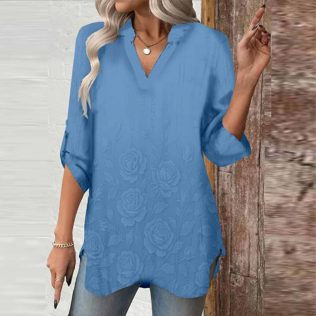 Women Blue, Floral, Retro DZGA0534 3/4 Sleeve V-neck Printed Graphic Button Tops