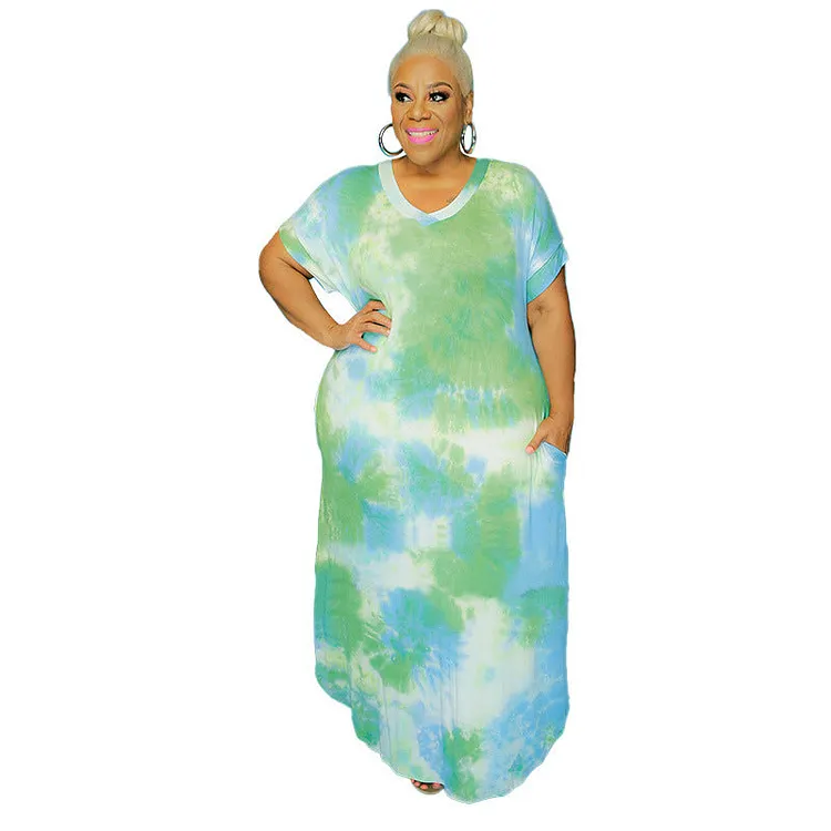 Women Plus Size Maxi Dresses Tie-Dye Printed Side Pocket V-neck Loose Dress