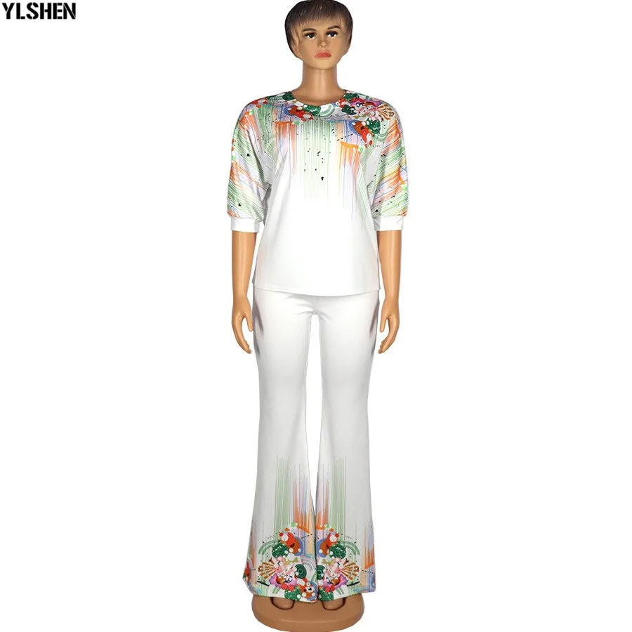 Cartoonh Two Piece Set Africa Clothes African New Dashiki Fashion Flowers Print Suit Top Trousers Super Elastic Party For Women Outfits
