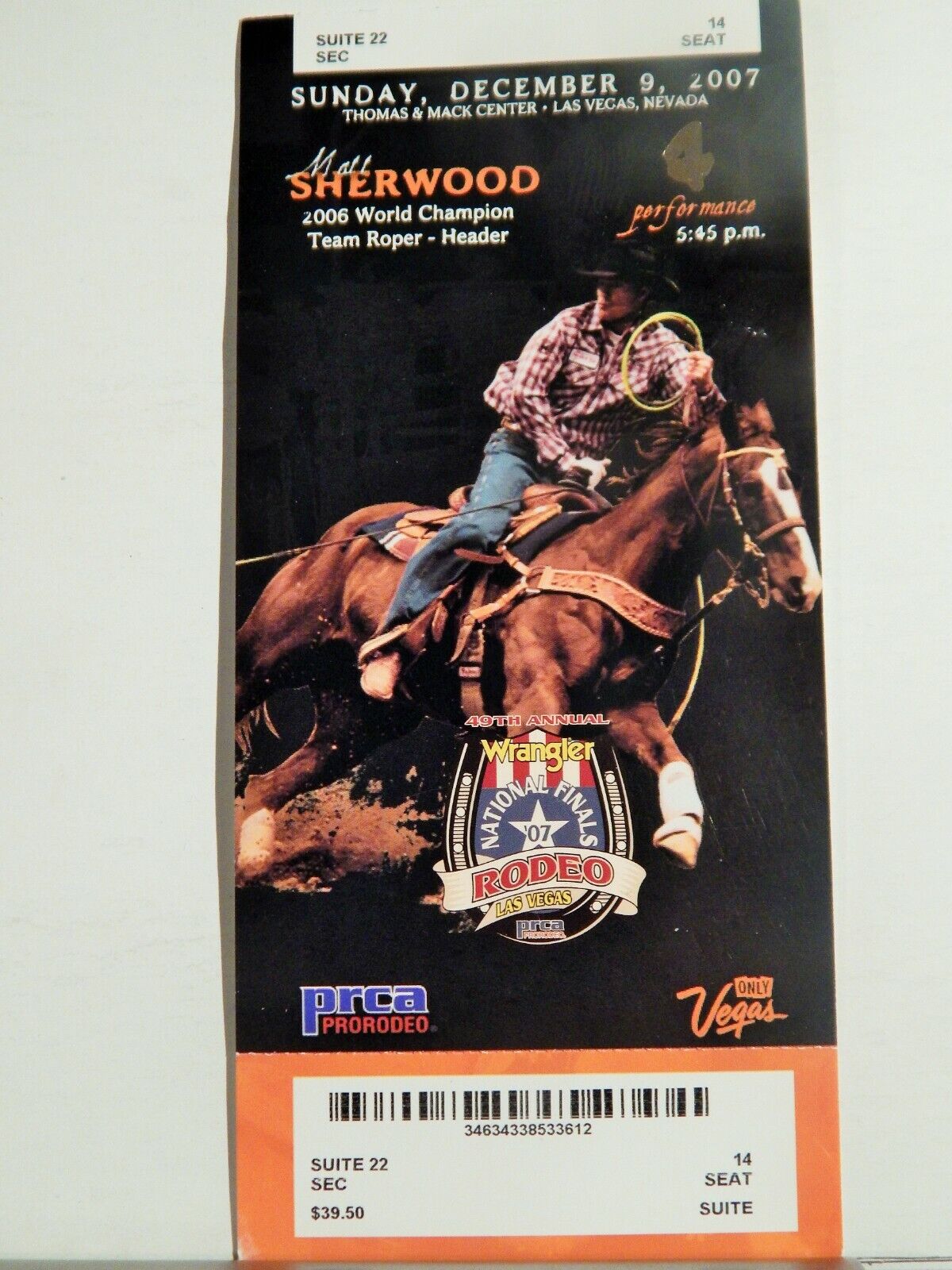 2007 NATIONAL FINALS RODEO LG ORIGINAL USED TICKET MATT SHERWOOD COLOR Photo Poster painting