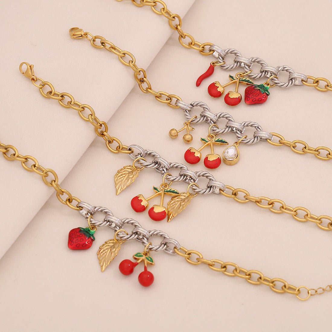 Fresh Pastoral Style Fruit Series Strawberry Durian Cherry Apple Stainless Steel Chain Bracelet B638