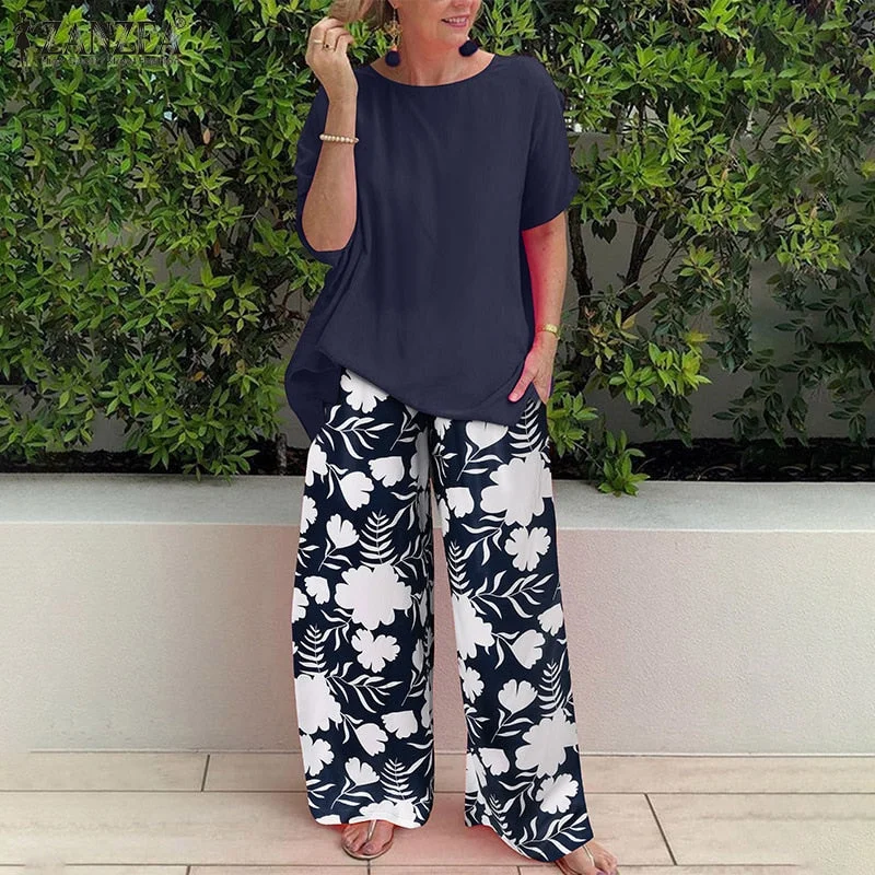 Fashion Matching Sets Women Summer Blouses Pants Summer Tracksuit Outifits ZANZEA 2022 Bohemian Floral Wide Leg Pants Sets Tops