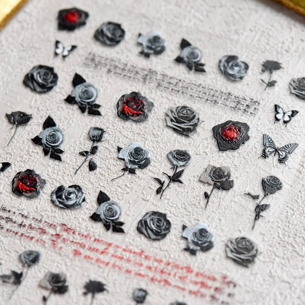 Angel Cross Wings Corpse Bride Nail Sticker 3D Engraved Nail Stickers Flower Rose Nail Art Decorations Nail Decals Design