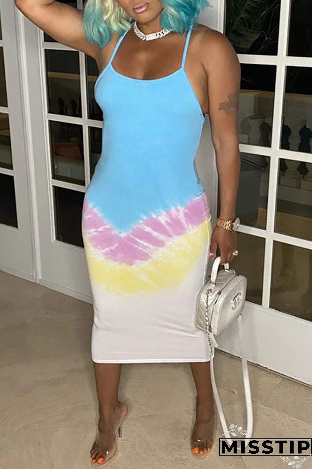 Blue Pink Fashion Sexy Print Backless Spaghetti Strap Sleeveless Dress