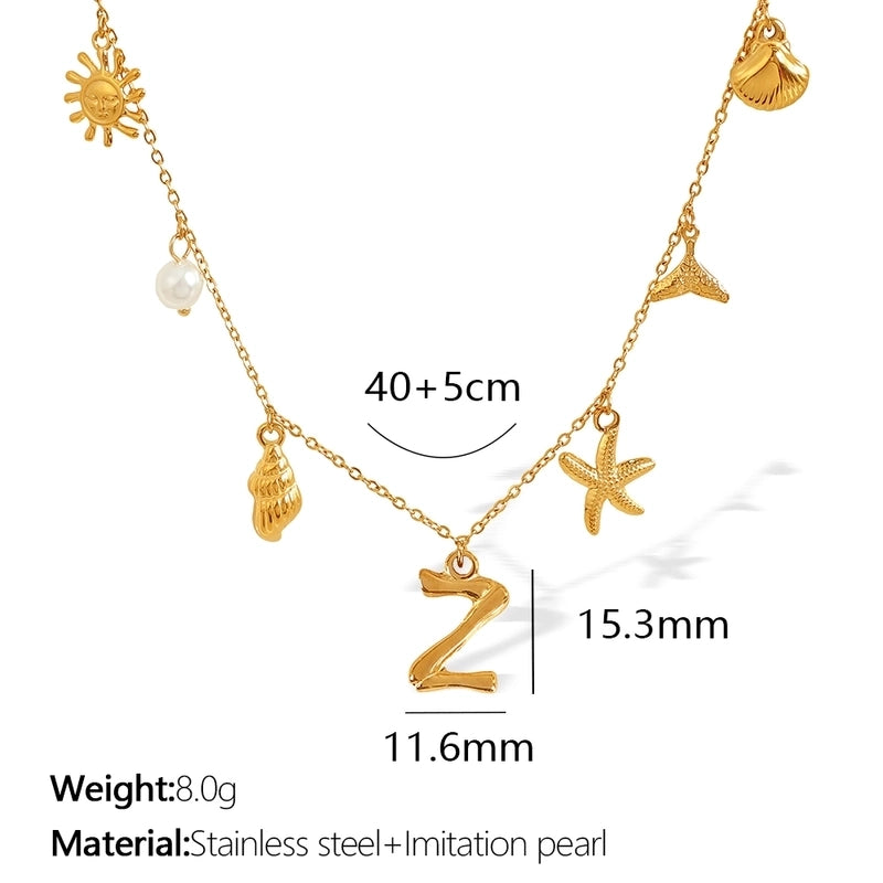 Beach Starfish 304 Stainless Steel Artificial Pearls 18K Gold Plated Polishing Inlay Pendant Necklace