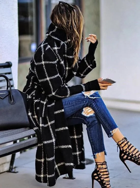 Mayoulove Black plaid chic woolen coat-Mayoulove