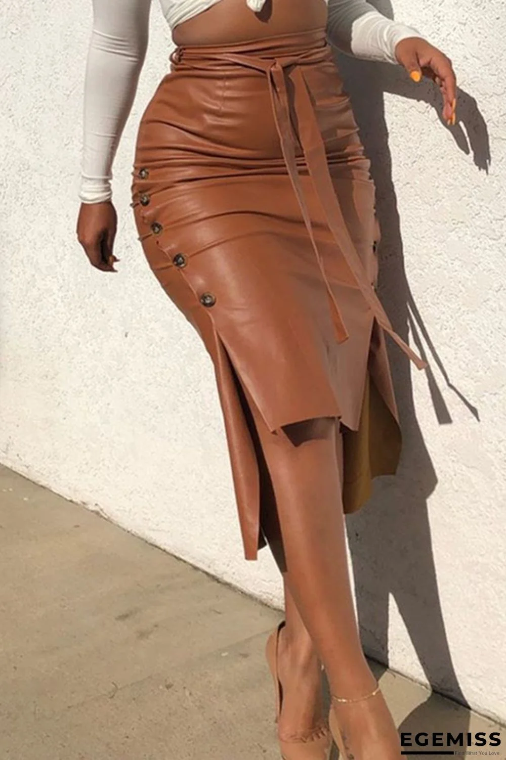 Brown PU Drawstring Sleeveless High Patchwork Solid bandage Split A-line skirt Capris Bottoms | EGEMISS