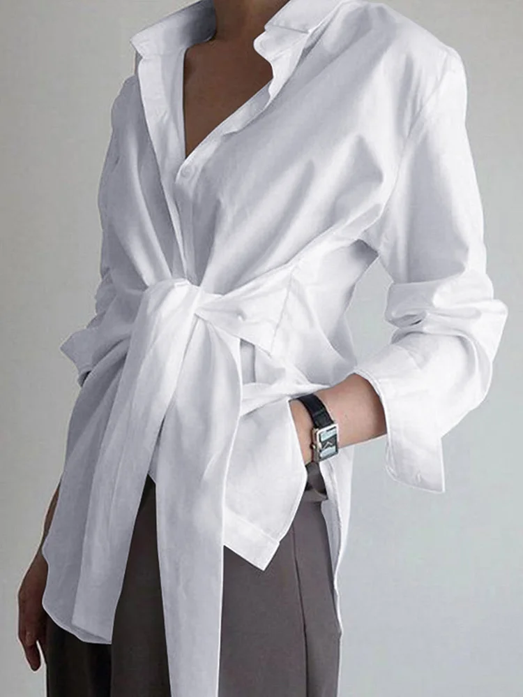 Fashion Plain Lapel Collar Knot Waist Long Sleeve Shirt