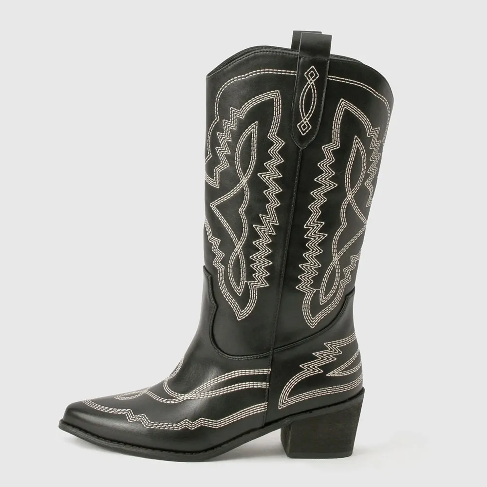 Black Pointed Toe Stitching Mid Calf Western Boots for Women