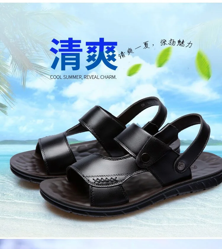 Summer Men Sandals Leather Summer Shoes Men Beach Sandals Flat Cow Leather Male Black Sandal