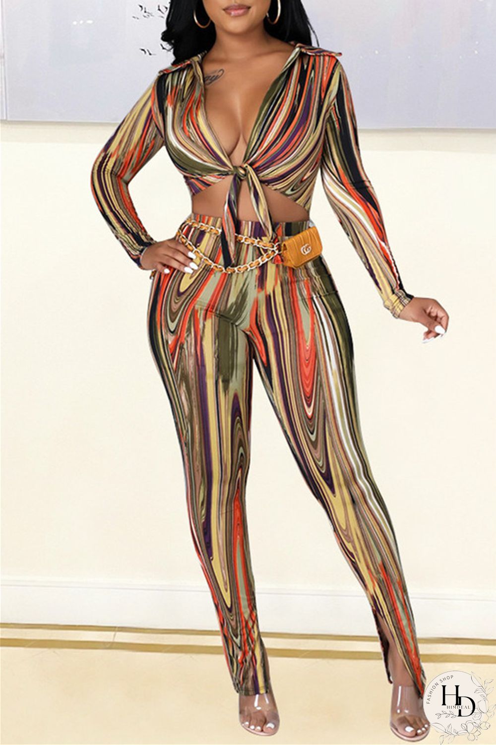 Rose Red Blue Sexy Casual Print Bandage Turndown Collar Long Sleeve Two Pieces